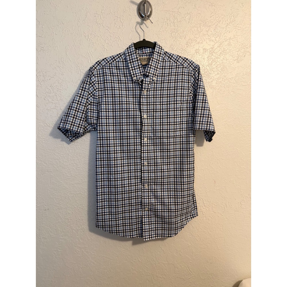 Duluth Trading Co Mens Trim Fit Short Sleeve Plaid Button Down Shirt Blue S